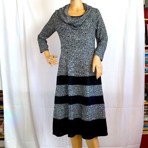 🐝Robbie Bee Signature Gray Black Stripe Rib Cowl Sweater Midi Zoom Dress Small